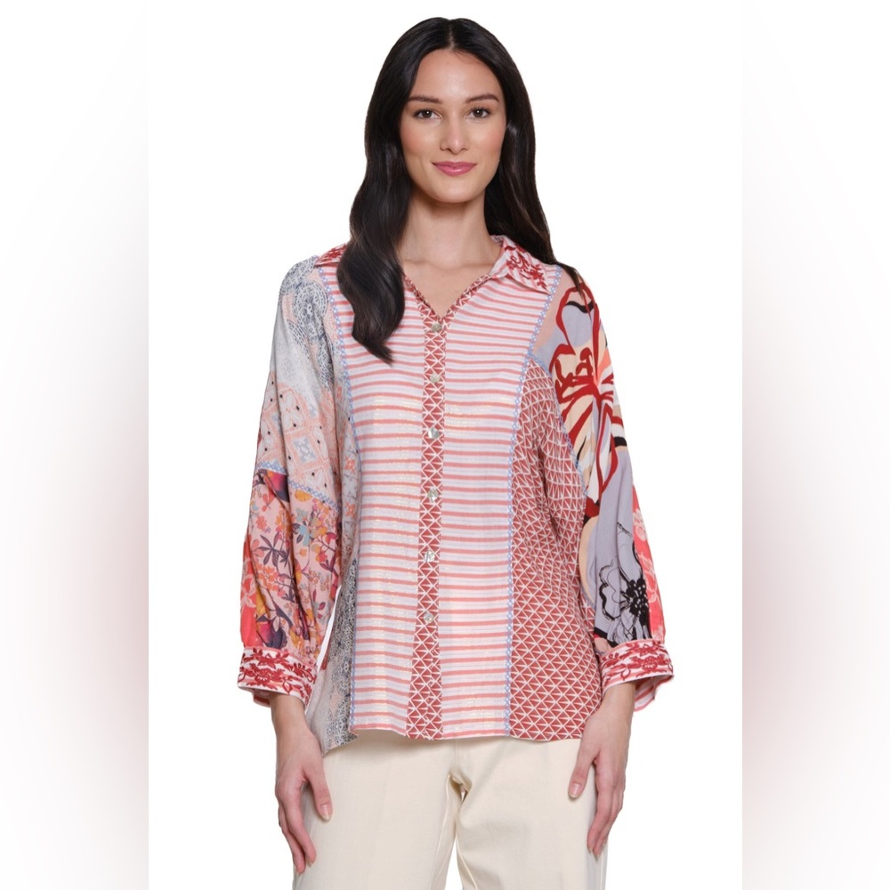 John Mark Yarn Dyed‎ Patch Print 3/4 Dolman Sleeve Button Front Top Small/Medium